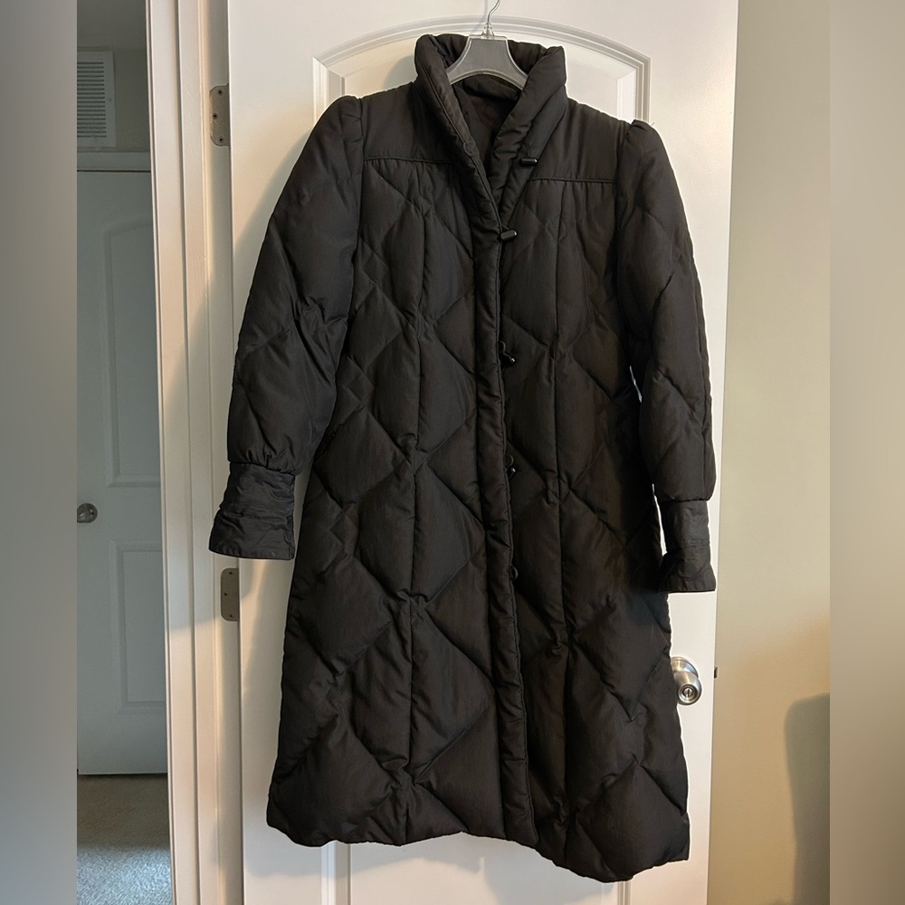 Vintage Black Quilted Longline Puffer Shawl Collar Lady Coat size 12